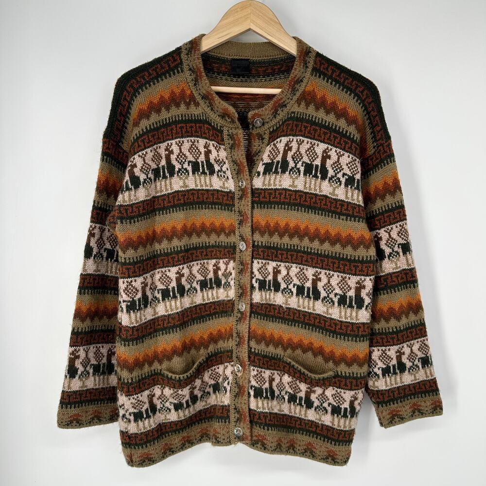 Vintage Mens 100% Alpaca Andean Peru Llama Cardigan Fair Isle Crew Neck Sweater